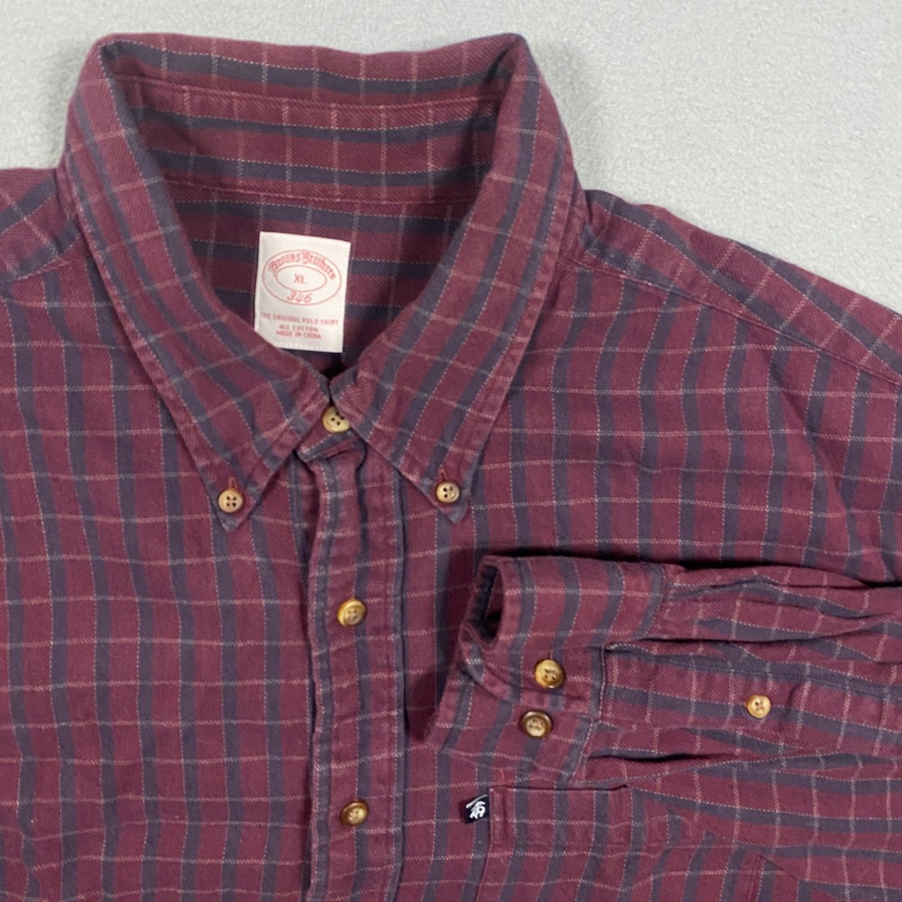 Brooks Brothers Button Down Shirt Mens XL Burgundy Plaid Flannel 346 Long Sleeve